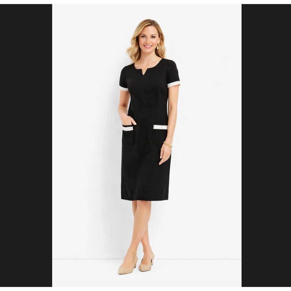 Talbots Sheath Dress 4 Ponte Black White Fringe Preppy Classic Career Pockets